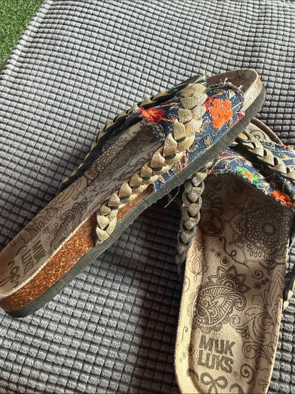 Muk Luks Floral Braided Slide Sandals - Black with Orange & Green Accents